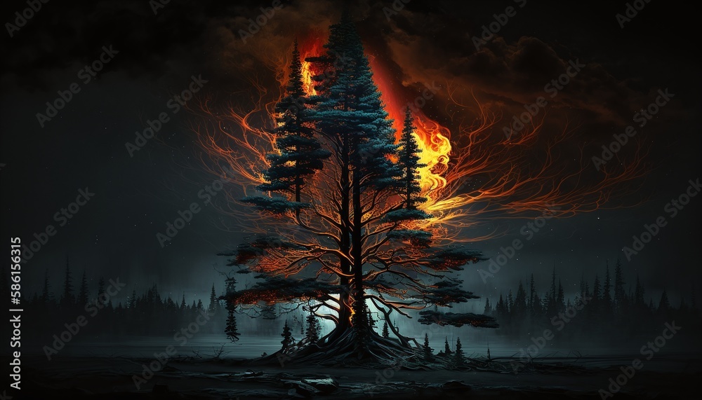 Aurora of Fire with a Colorful Tree Surviving Through a Forest Blaze Generated by AI