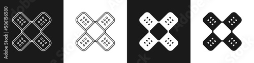 Set Crossed bandage plaster icon isolated on black and white background. Medical plaster, adhesive bandage, flexible fabric bandage. Vector