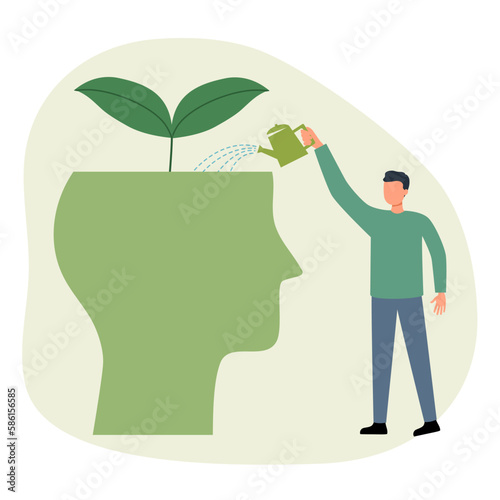 Mental health concept vector illustration. Man watering plant inside human head in flat design. 