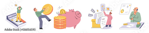 Set of people analyzing personal or corporate budget. Concept of finance accounting and calculation of financial income and expenses report. Financial consultant with document for tax computation