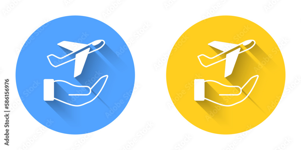 White Plane in hand icon isolated with long shadow background. Flying airplane. Airliner insurance. Security, safety, protection, protect concept. Circle button. Vector White Plane in hand icon isolated with long shadow background. Flying airplane. Airliner insurance. Security, safety, protection, protect concept. Circle button. Vector
