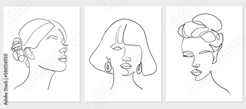 Set of woman portrait. Simple, minimalist vector illustration of beautiful woman. Line drawing