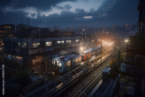Tram in the night city. Generative AI. © hugo