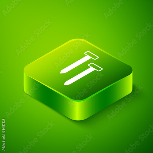 Isometric Metallic nails icon isolated on green background. Green square button. Vector