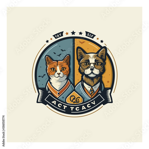 vet company logo, cat and dog cartoon vector, flat design