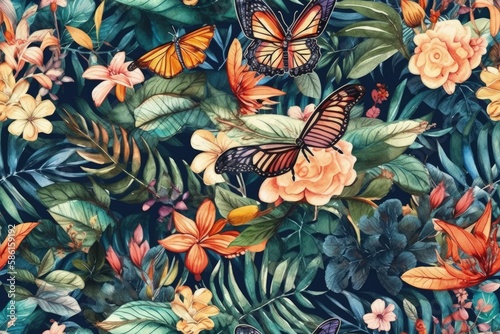 Illustration of colorful butterflies and flowers on a vibrant blue background created with Generative AI technology