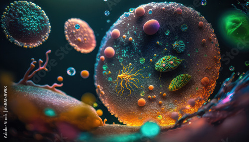 Bacteria and virus cells World under the microscope created with Generative AI technology