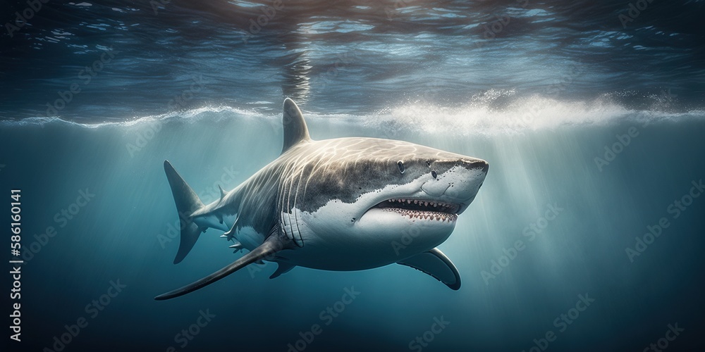 Large white shark swimming in the ocean. Big shark underwater. Generative AI