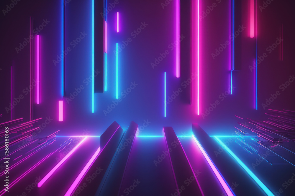 Abstract glowing blue purple neon lights background illustration. Generative AI
