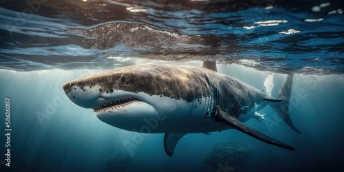 Large white shark swimming in the ocean. Big shark underwater. Generative AI © Nadia