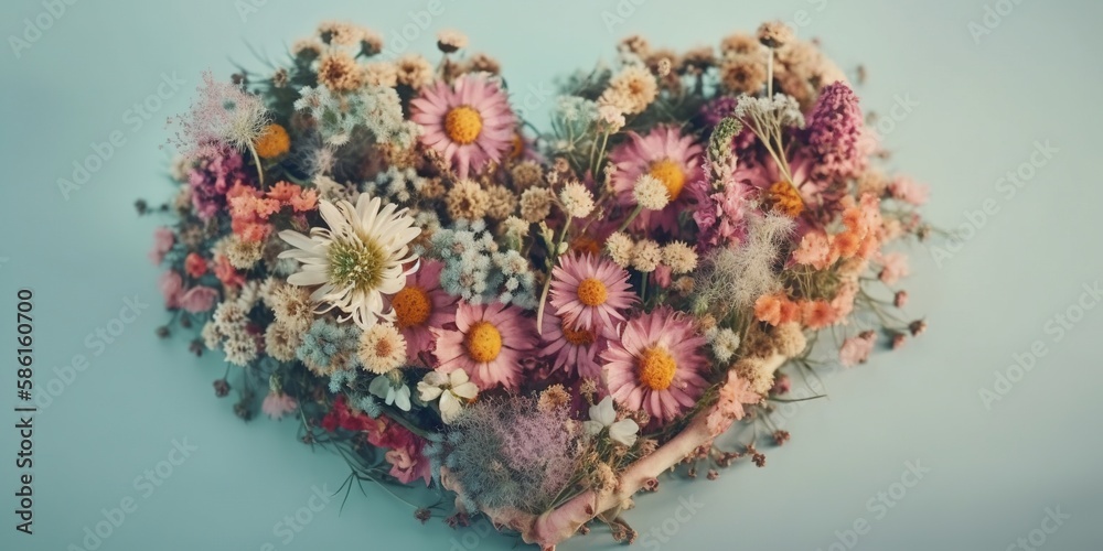 Beautiful fresh wild flowers in the shape of a heart on a pastel background. Heart illustration with blooming flowers and leaves. Romantic symbol for Valentines Day and Mother's Day. Generative AI Beautiful fresh wild flowers in the shape of a heart on a pastel background. Heart illustration with blooming flowers and leaves. Romantic symbol for Valentines Day and Mother's Day. Generative AI