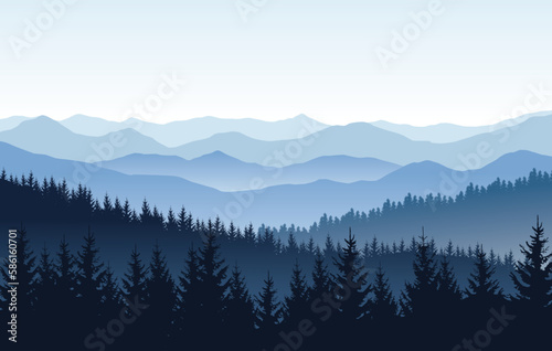 Vector nature landscape with blue silhouettes of mountains and forest