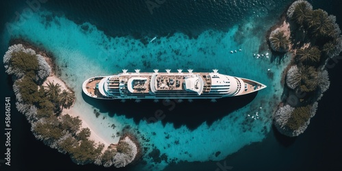 Overhead view of a modern cruise ship in a calm sea with crystal clear water. Generative AI