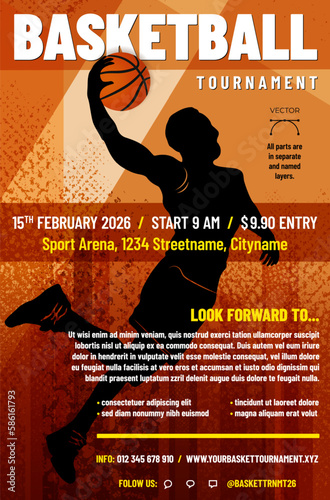 Basketball tournament poster template with abstract silhouette of jumping player