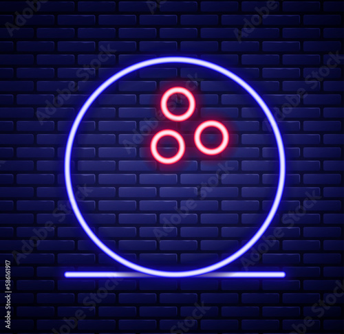 Glowing neon line Bowling ball icon isolated on brick wall background. Sport equipment. Colorful outline concept. Vector