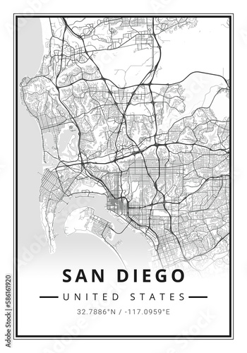 Street map art of San Diego city in USA - United States of America - America