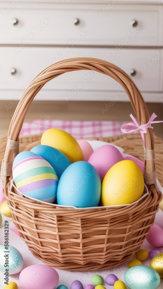 Colorful Easter Eggs on a Basket, Easter Holiday Decoration for Mobile Device Colorful Easter Eggs on a Basket, Easter Holiday Decoration for Mobile Device