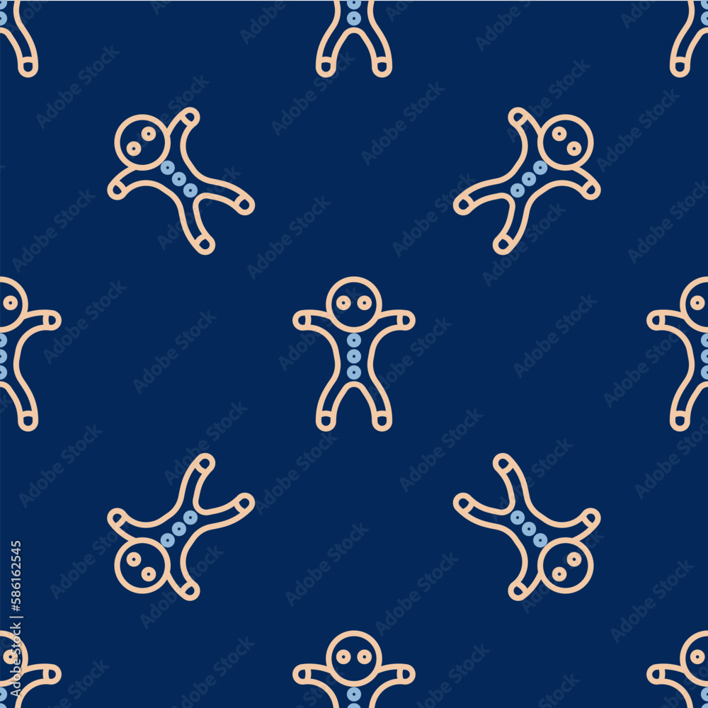 Fototapeta premium Line Holiday gingerbread man cookie icon isolated seamless pattern on blue background. Cookie in shape of man with icing. Vector