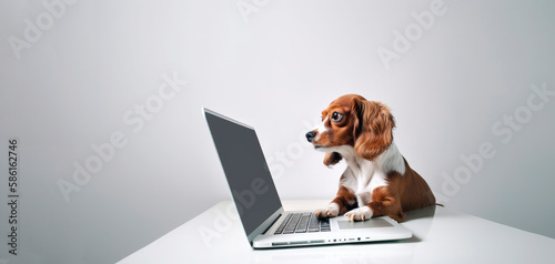 Dog using laptop. Isolated on white. Generative AI © Farnaces