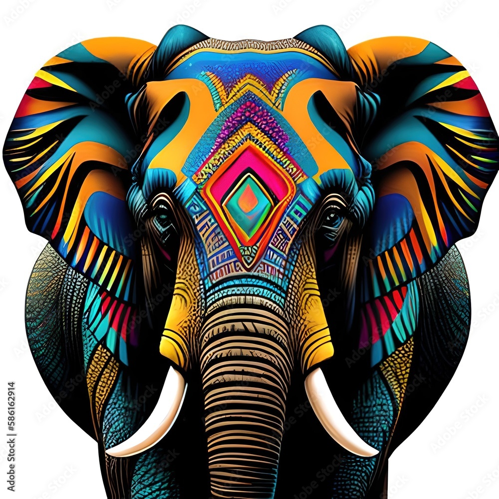 Multicolored Symmetrical Elephant with Head Facing Front: Eye-Catching Wildlife Art for Your Design Needs