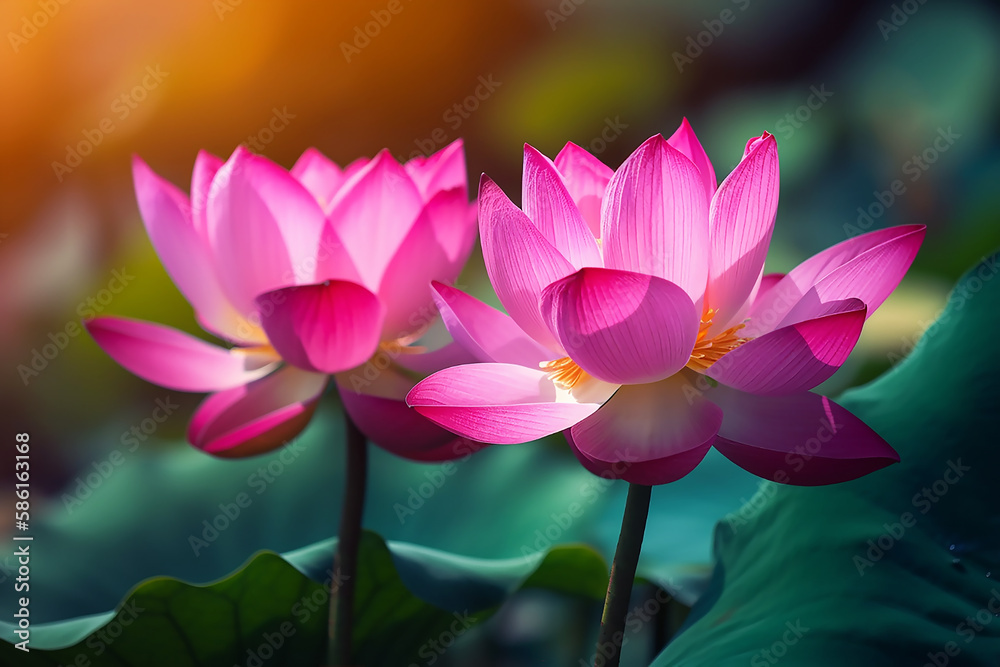 Lotus blooming over pink blurred background. Water lily flower close up, generative AI tools Lotus blooming over pink blurred background. Water lily flower close up, generative AI tools