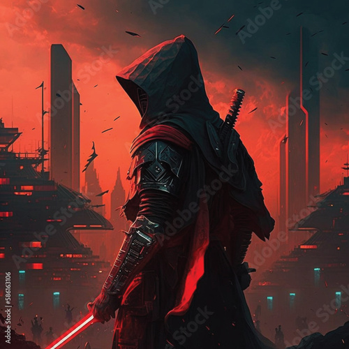 Futuristic Ninja in a Red and Black Outfit Wielding a Sword in a Cyber City BackgroundFuturistic Ninja in a Red and Black Outfit Wielding a Sword in a Cyber City Background, generative AI photo