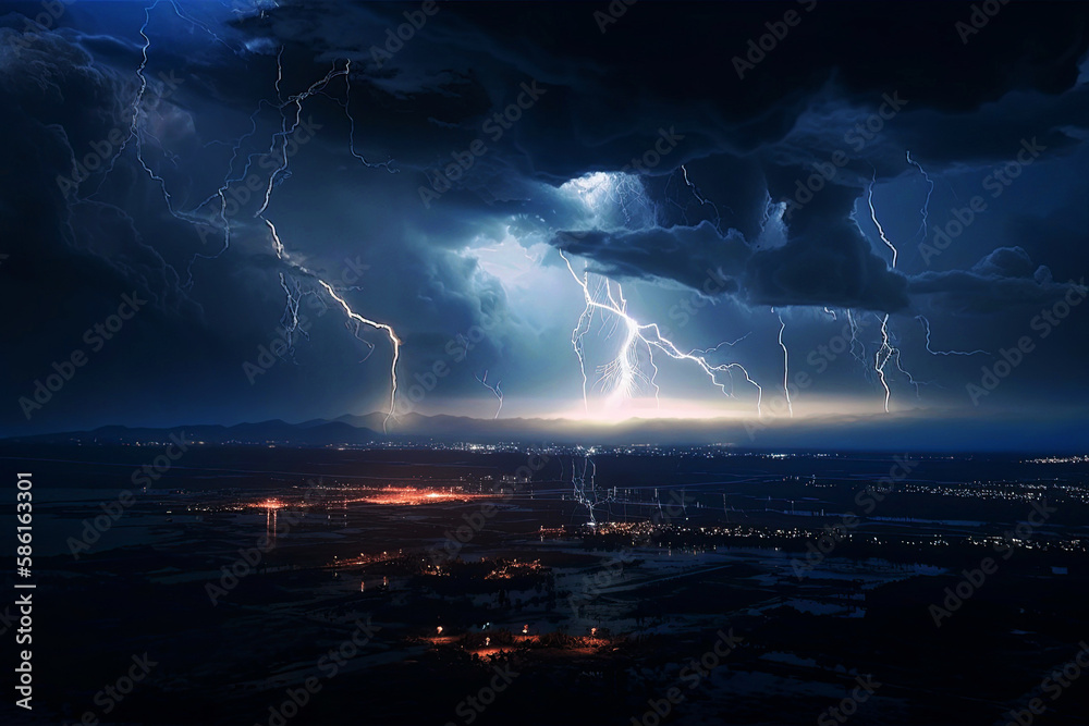 Generative AI illustration. A scene of lightning flashes in the night ...