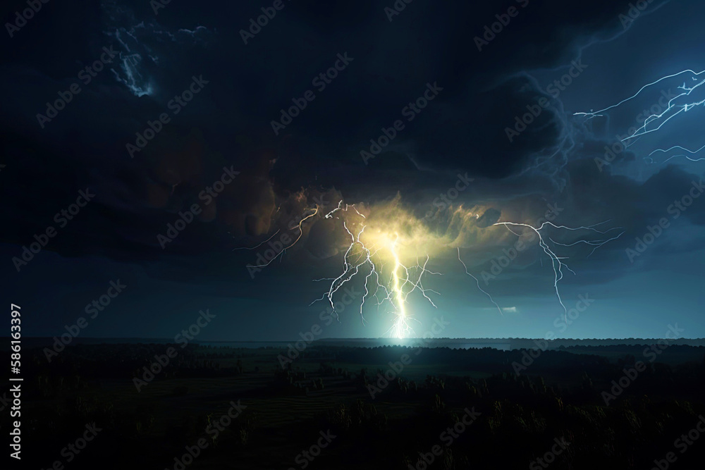 Generative AI illustration. A scene of lightning flashes in the night ...
