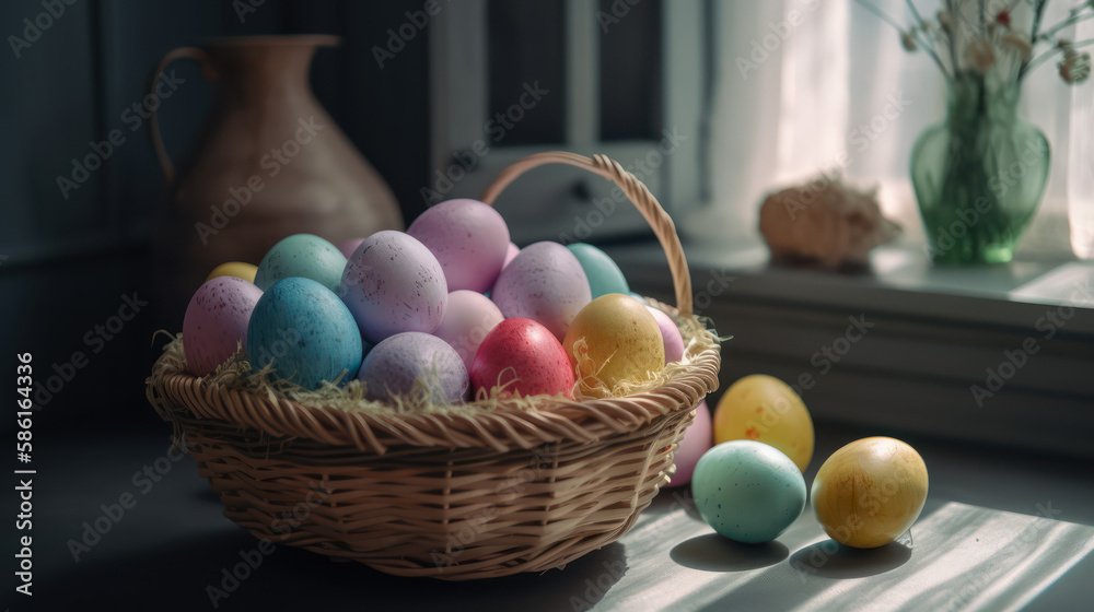 A Basket of Spring Delight: Pastel-Colored Easter Eggs in a Sunlit Room, Generative AI A Basket of Spring Delight: Pastel-Colored Easter Eggs in a Sunlit Room, Generative AI