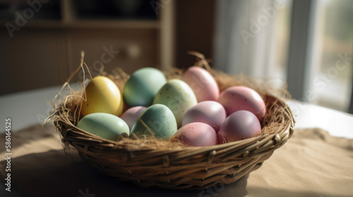 A Basket of Spring Delight: Pastel-Colored Easter Eggs in a Sunlit Room, Generative AI