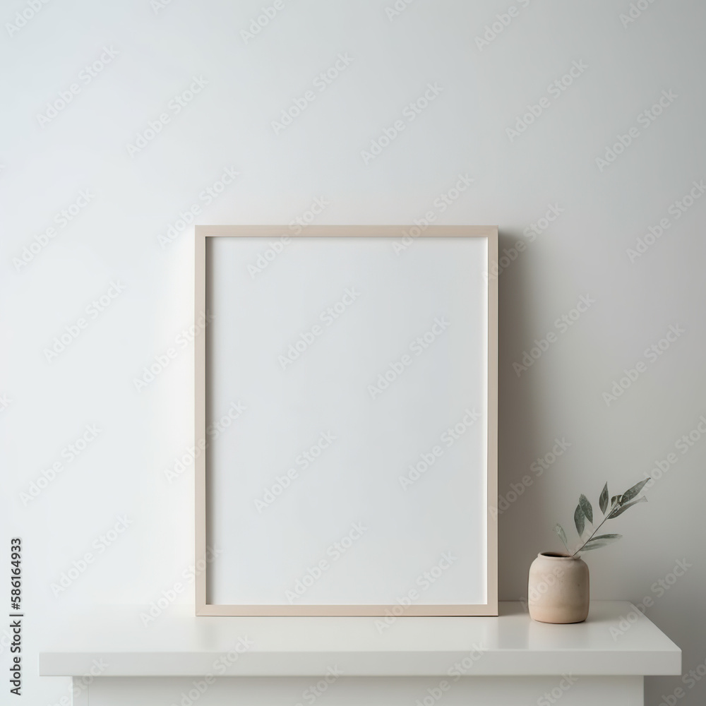Wooden frame and white portrait frame mock up on the vintage white wall. 3D illustrations, decoration, generative AI. Wooden frame and white portrait frame mock up on the vintage white wall. 3D illustrations, decoration, generative AI.