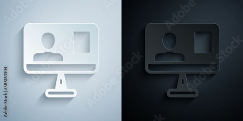 Paper cut Online class icon isolated on grey and black background. Online education concept. Paper art style. Vector