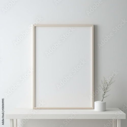 Vertical wooden frame and white portrait frame mock up on the vintage white wall. 3D illustrations, decoration, generative AI.