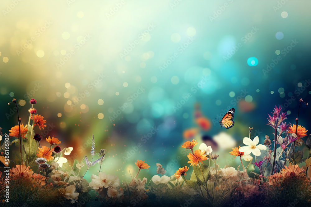 Beautiful spring summer landscape with colorful wildflowers and soft morning light. Generative AI.