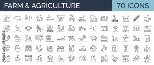 Set of 70 line icons related to farm, farming, gardening, agriculture, smart farm, farm animals, seeding. Outline symbols collection. Editable stroke. Vector illustration