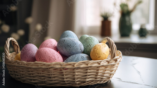A Basket of Spring Delight: Pastel-Colored Easter Eggs in a Sunlit Room, Generative AI