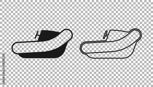 Black Inflatable boat with outboard motor icon isolated on transparent background. Vector