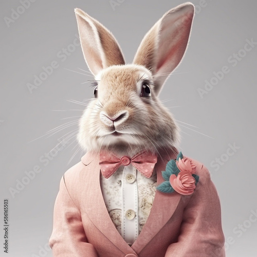 Photorealistic Rabbit Wears a Wedding Suit Jacket, Bow, and Flowers on Grey Background