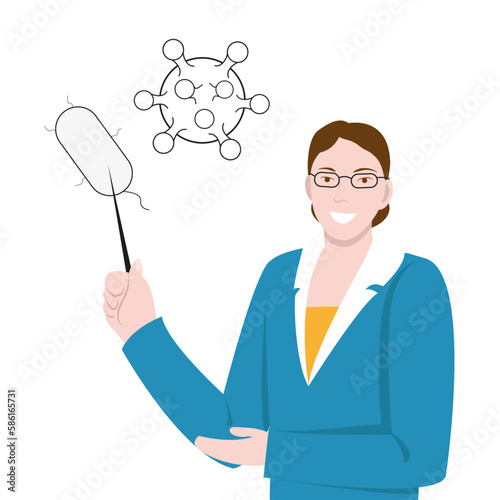 A smiling woman in a business suit points to a bacterium and a virus with a pointer. The concept of studying biology, biology teacher, lecturer. Vector illustration