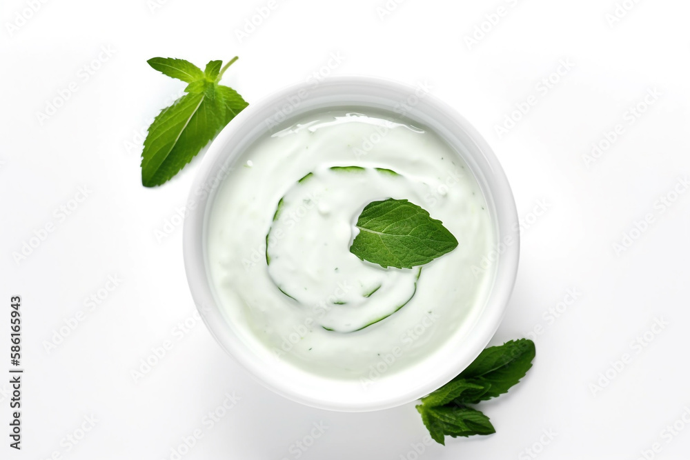 A bowl of mint sauce with mint leaves on a white background, gen art A bowl of mint sauce with mint leaves on a white background, gen art