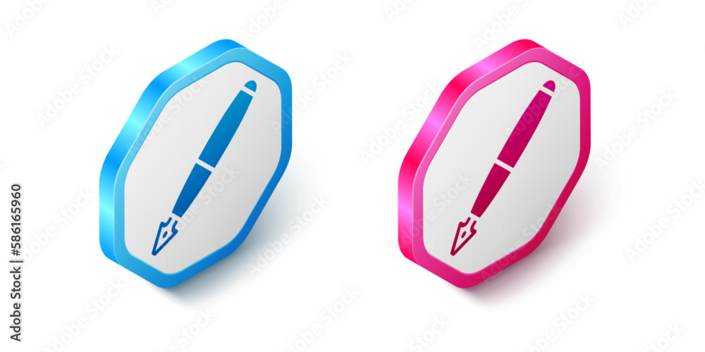 Isometric Fountain pen nib icon isolated on white background. Pen tool sign. Hexagon button. Vector Isometric Fountain pen nib icon isolated on white background. Pen tool sign. Hexagon button. Vector