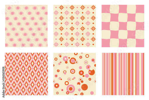 Retro seamless patterns vector set. Abstract warm color vintage 70s groovy backgrounds