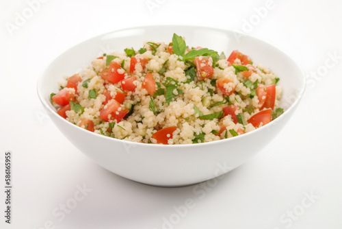 A bowl of quinoa and tomato salad with basil on top, gen art