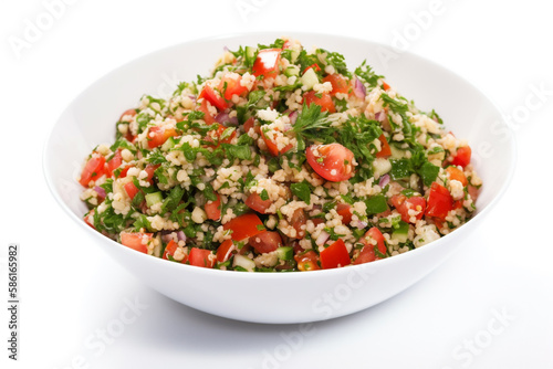 A bowl of couscous salad with tomatoes, parsley, and parsley, gen art