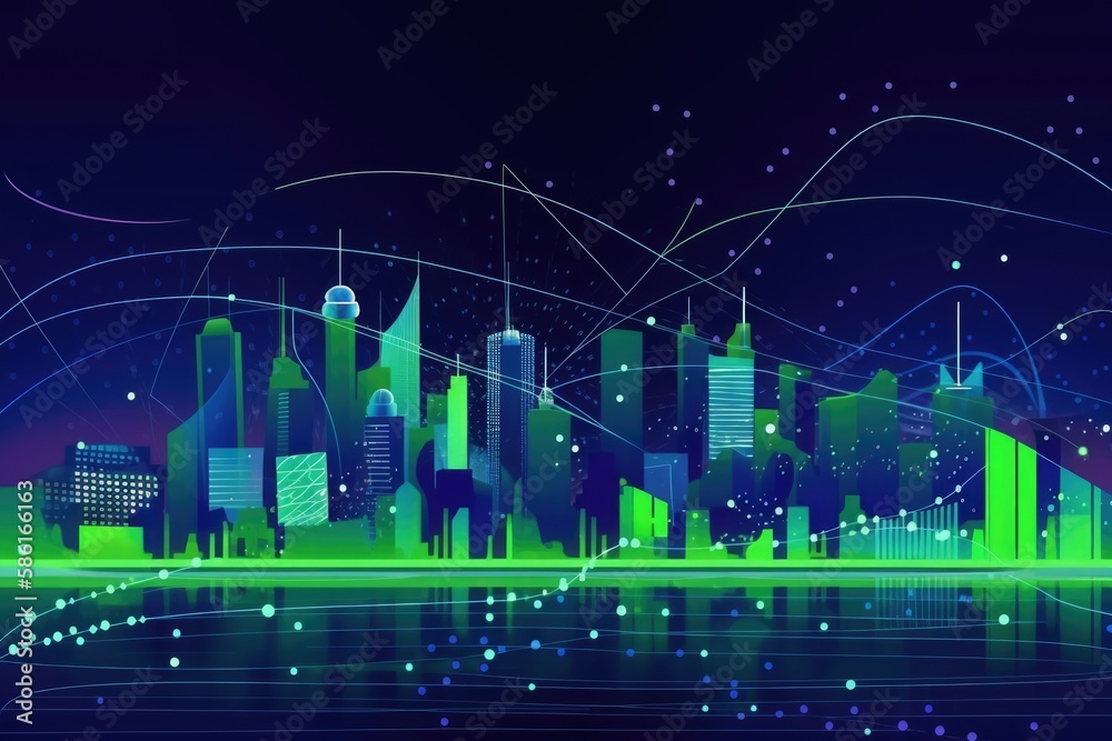 Flat illustration of smart city and abstract dot point connect with gradient linein Lime green & electric blue, big data connection technology concept, created with Generative AI
