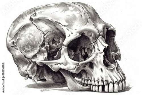 human skull drawing in black and white created with Generative AI technology
