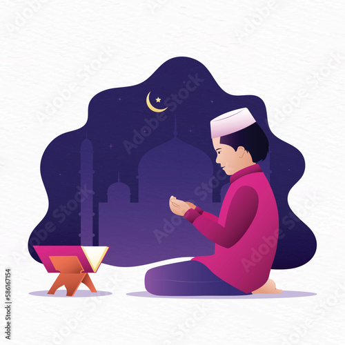 Vector illustration of a muslim boy sitting for salat prayer infront of holy Quran with islamic background with mosque and moon