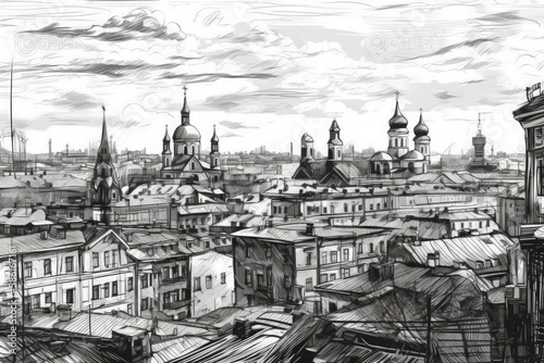 detailed and intricate cityscape in black and white created with Generative AI technology