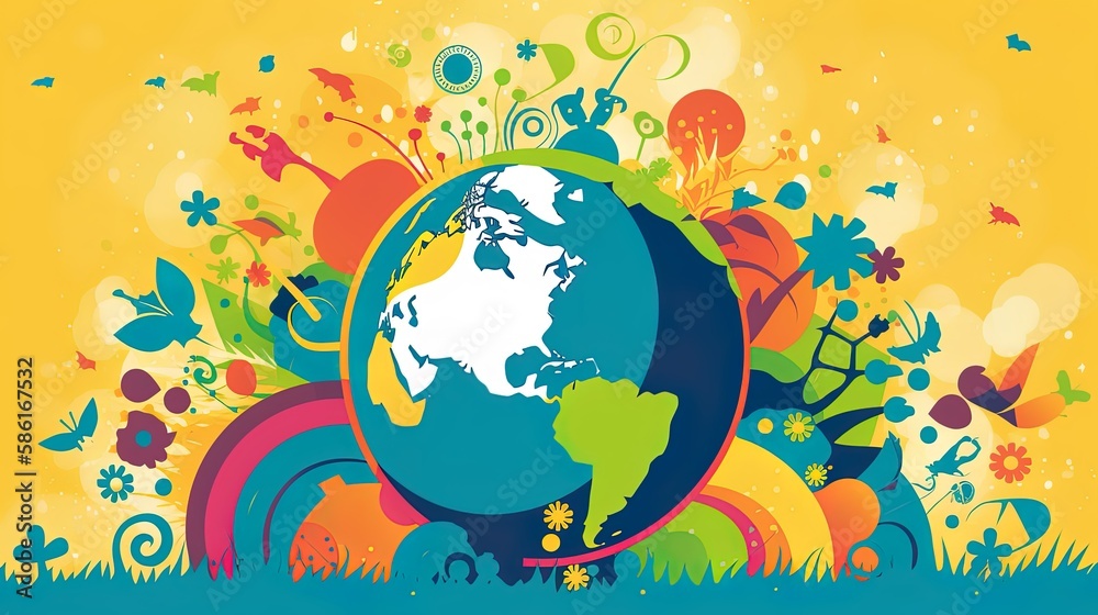 Naklejka premium Celebrate Earth Day with a captivating hand-drawn illustration featuring a colorful planet and environmental symbols. Boasting soft colors, bold outlines, and cel shading in a cartoon style.