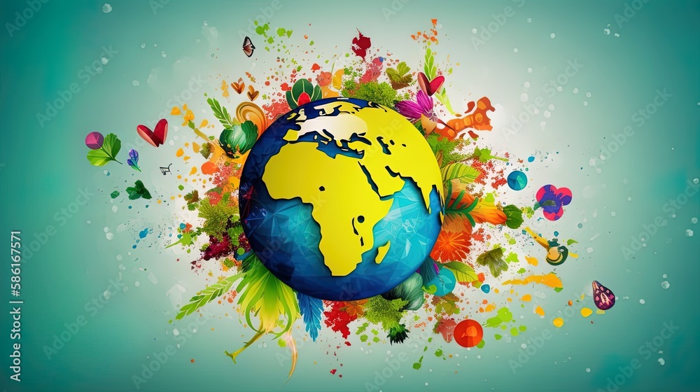 Celebrate Earth Day with a captivating hand-drawn illustration featuring a colorful planet and environmental symbols. Boasting soft colors, bold outlines, and cel shading in a cartoon style.
